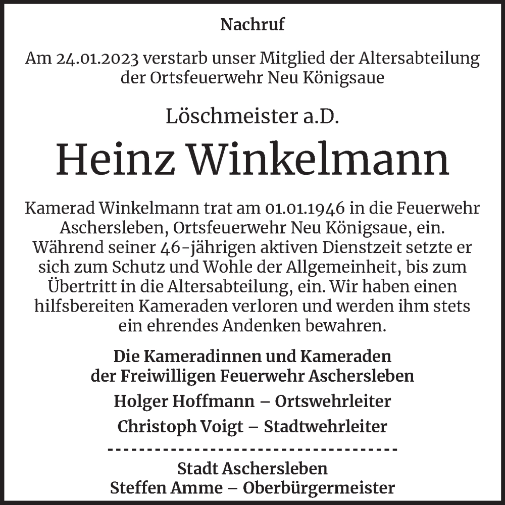 Traueranzeige für Heinz Winkelmann vom 08.02.2023 aus Wochenspiegel Aschersleben