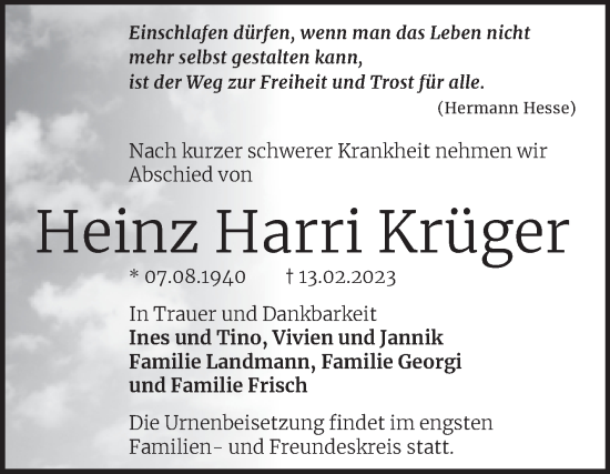 Traueranzeige von Heinz Harri Krüger von Mitteldeutsche Zeitung Halle/Saalkreis