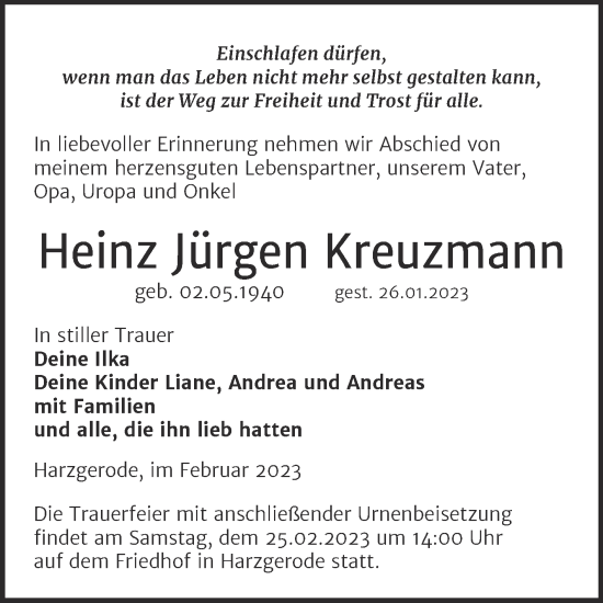 Traueranzeige von Heinz Jürgen Kreuzmann von Mitteldeutsche Zeitung Quedlingburg