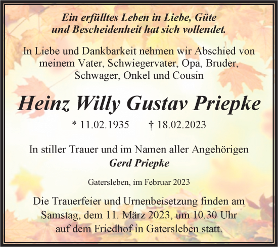 Traueranzeige von Heinz Willy Gustav Priepke von Trauerkombi Aschersleben