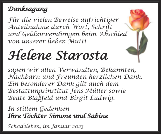 Traueranzeige von Helene Starosta von Trauerkombi Aschersleben