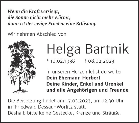 Traueranzeige von Helga Bartnik von Trauerkombi Köthen