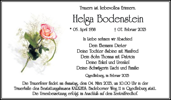 Traueranzeige von Helga Bodenstein von Trauerkombi Quedlinburg