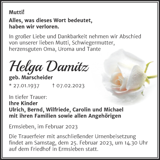 Traueranzeige von Helga Damitz von Trauerkombi Quedlinburg