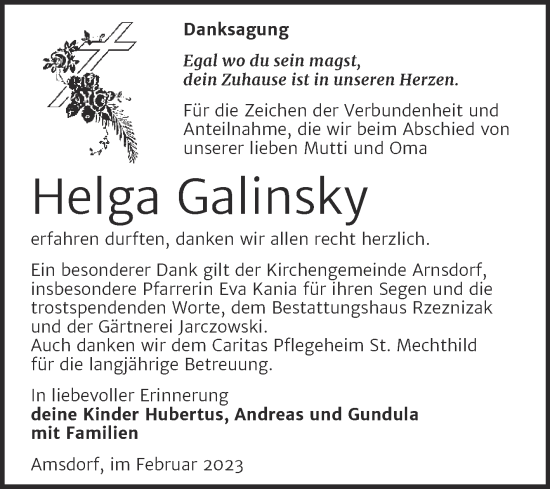 Traueranzeige von Helga Galinsky von Trauerkombi Mansfelder Land