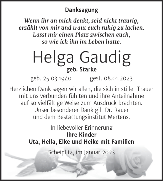 Traueranzeige von Helga Gaudig von Wochenspiegel Naumburg/Nebra