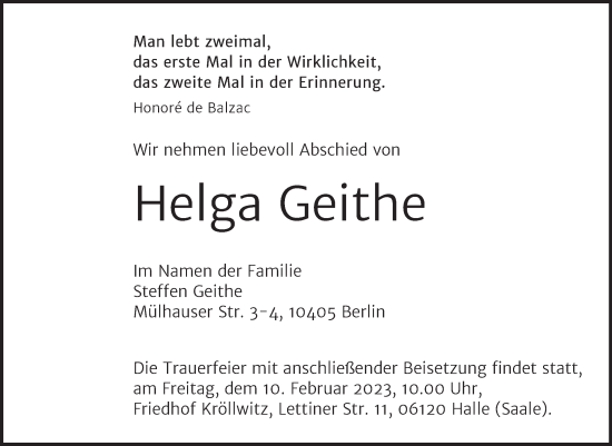 Traueranzeige von Helga Geithe von Mitteldeutsche Zeitung Halle/Saalkreis