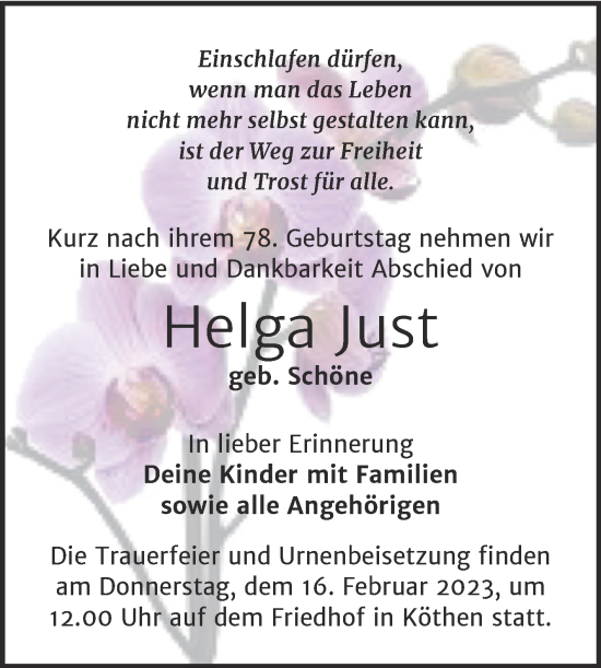 Traueranzeige von Helga Just von Trauerkombi Köthen