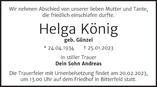 Traueranzeige von Helga König von Trauerkombi Bitterfeld
