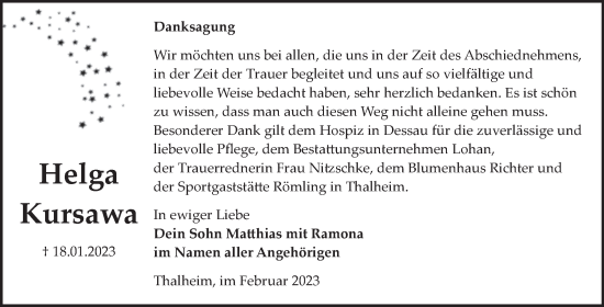 Traueranzeige von Helga Kursawa von Trauerkombi Bitterfeld