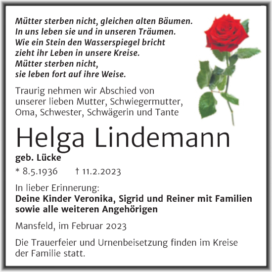 Traueranzeige von Helga Lindemann von Trauerkombi Mansfelder Land