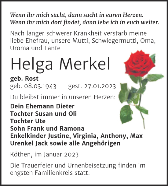 Traueranzeige von Helga Merkel von Trauerkombi Köthen
