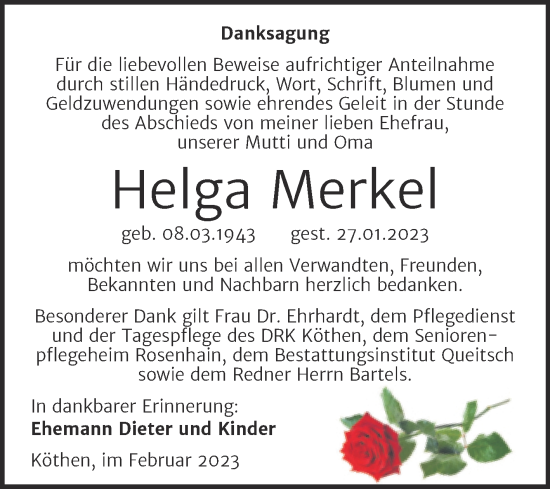 Traueranzeige von Helga Merkel von Trauerkombi Köthen
