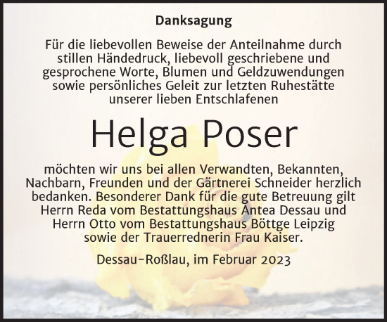 Traueranzeige von Helga Poser von Trauerkombi Dessau