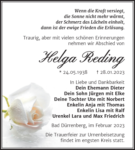 Traueranzeige von Helga Reding von Trauerkombi Merseburg