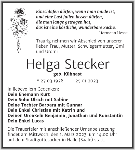 Traueranzeige von Helga Stecker von Mitteldeutsche Zeitung Halle/Saalkreis