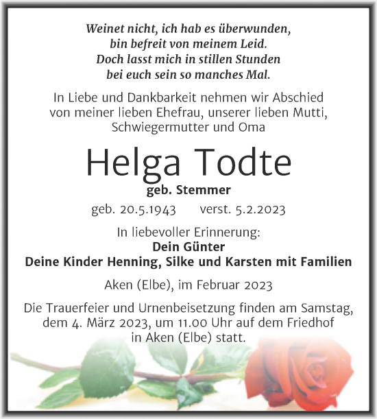 Traueranzeige von Helga Todte von Trauerkombi Köthen