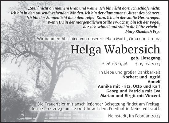 Traueranzeige von Helga Wabersich von Trauerkombi Quedlinburg