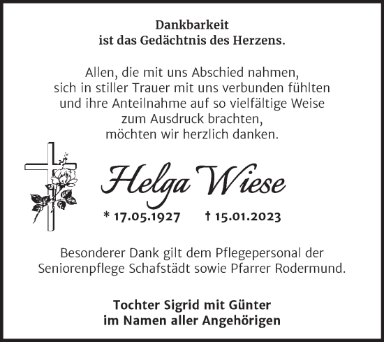 Traueranzeige von Helga Wiese von Trauerkombi Merseburg