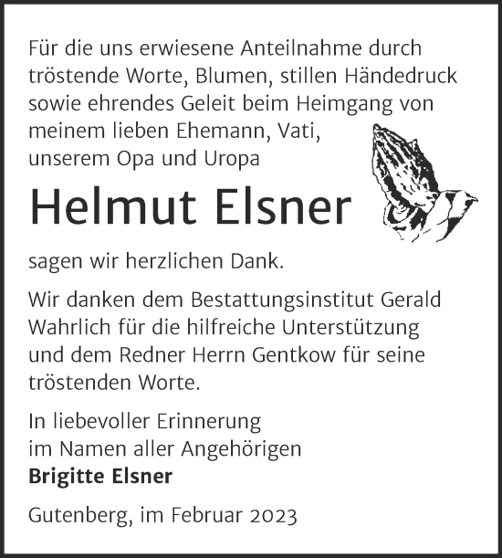 Traueranzeige von Helmut Elsner von Mitteldeutsche Zeitung Halle/Saalkreis