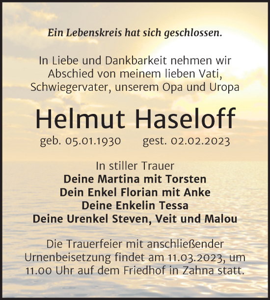 Traueranzeige von Helmut Haseloff von Trauerkombi Wittenberg