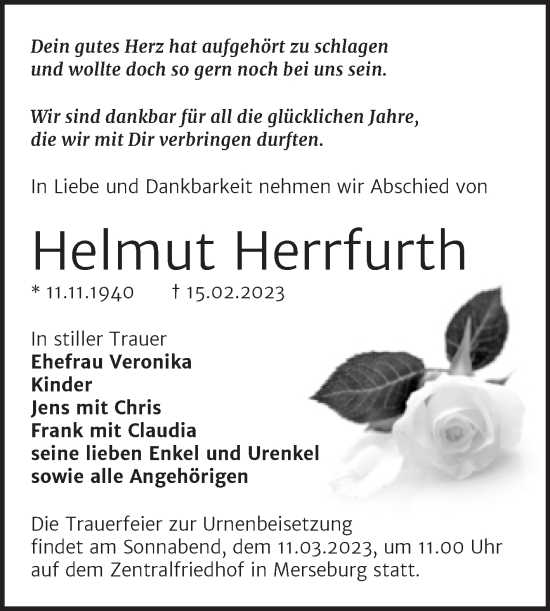 Traueranzeige von Helmut Herrfurth von Trauerkombi Merseburg