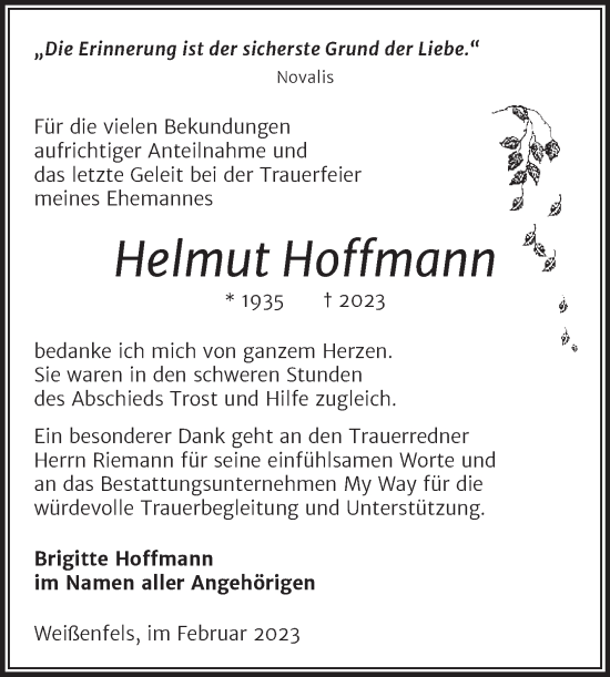 Traueranzeige von Helmut Hoffmann von Trauerkombi Weißenfels