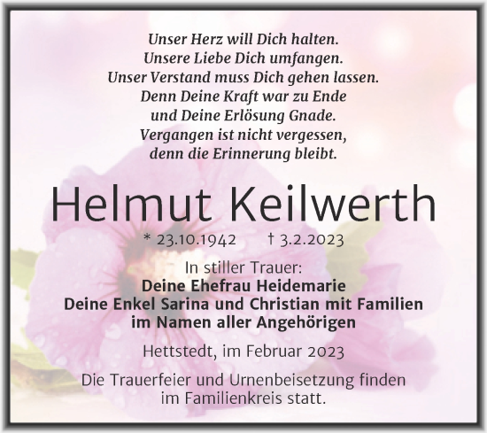 Traueranzeige von Helmut Keilwerth von Trauerkombi Mansfelder Land