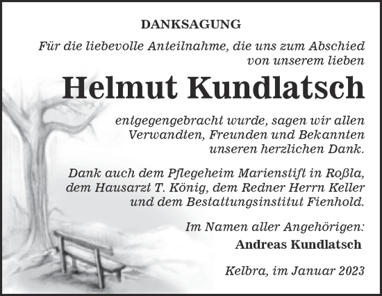 Traueranzeige von Helmut Kundlatsch von Trauerkombi Sangerhausen