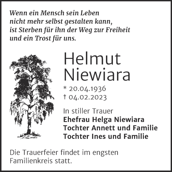 Traueranzeige von Helmut Niewiara von Trauerkombi Bernburg