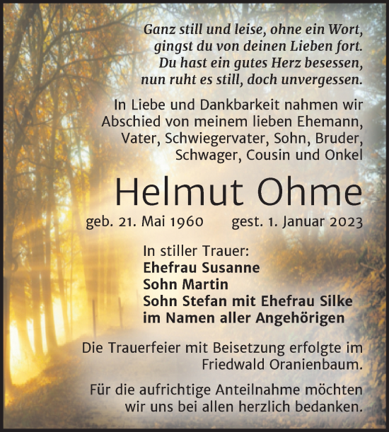 Traueranzeige von Helmut Ohme von Trauerkombi Bitterfeld