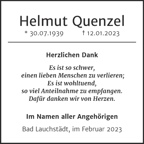 Traueranzeige von Helmut Quenzel von Trauerkombi Merseburg