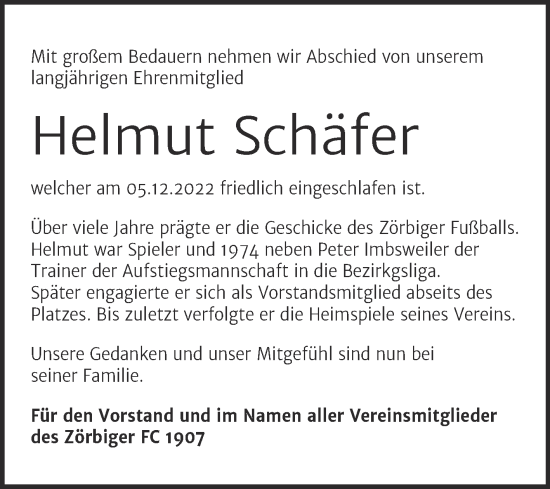 Traueranzeige von Helmut Schäfer von Trauerkombi Bitterfeld