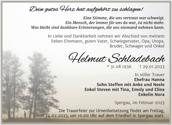 Traueranzeige von Helmut Schladebach von Trauerkombi Merseburg