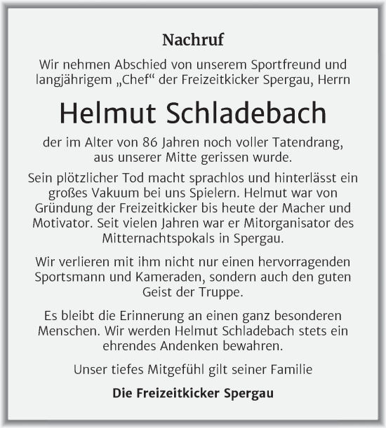 Traueranzeige von Helmut Schladebach von Trauerkombi Merseburg