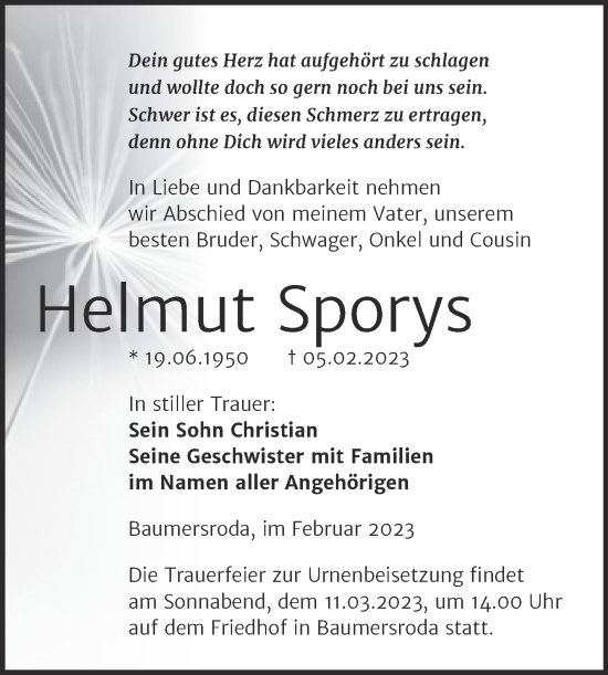Traueranzeige von Helmut Sporys von Wochenspiegel Naumburg/Nebra