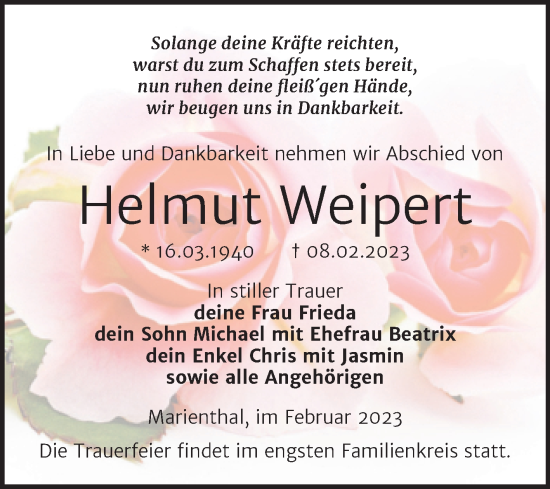 Traueranzeige von Helmut Weipert von Wochenspiegel Naumburg/Nebra