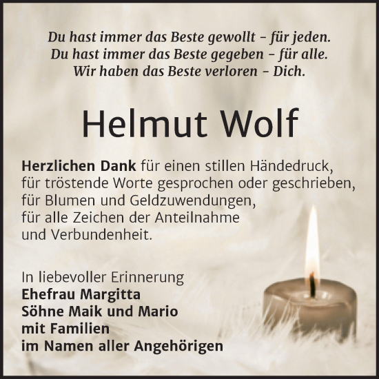 Traueranzeige von Helmut Wolf von Trauerkombi Bitterfeld