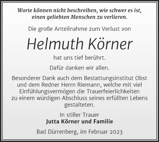 Traueranzeige von Helmuth Körner von Trauerkombi Merseburg
