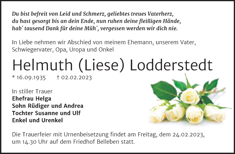  Traueranzeige für Helmuth Lodderstedt vom 11.02.2023 aus Trauerkombi Bernburg