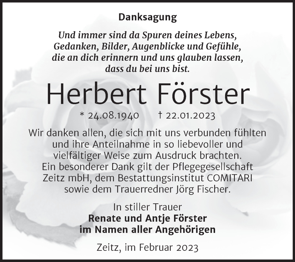  Traueranzeige für Herbert Förster vom 11.02.2023 aus Trauerkombi Zeitz