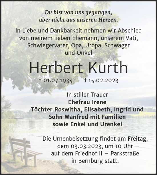 Traueranzeige von Herbert Kurth von Trauerkombi Bernburg