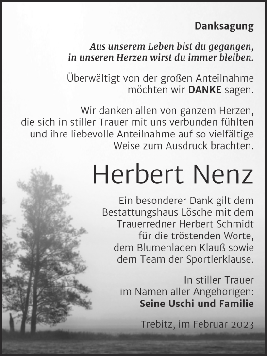 Traueranzeige von Herbert Nenz von Trauerkombi Wittenberg