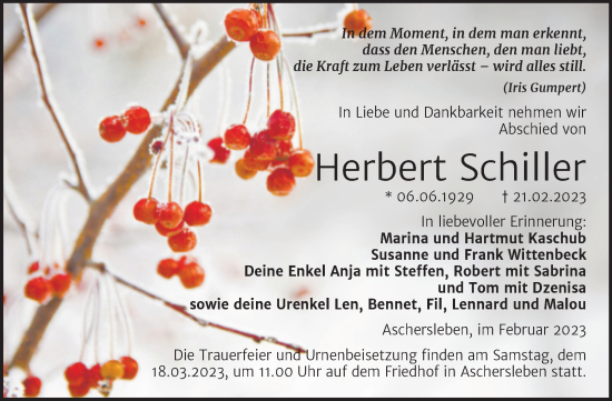 Traueranzeige von Herbert Schiller von Trauerkombi Aschersleben