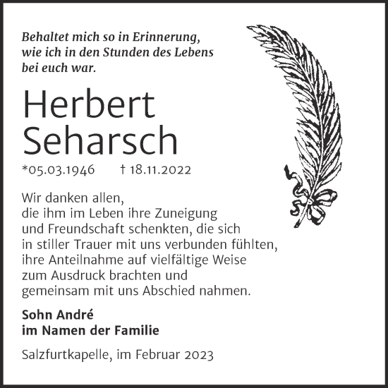 Traueranzeige von Herbert Seharsch von Trauerkombi Bitterfeld