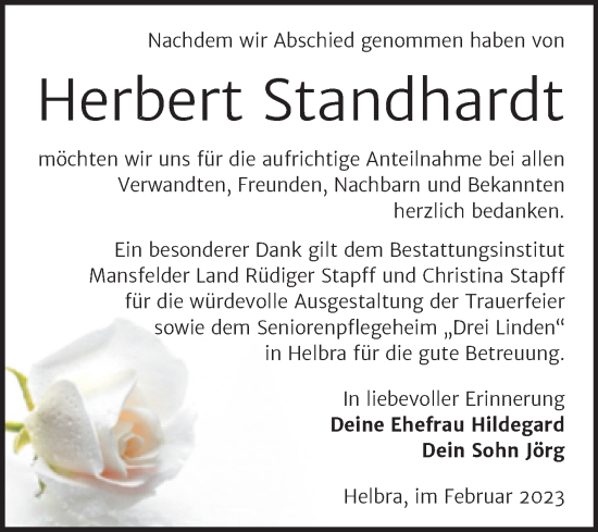 Traueranzeige von Herbert Standhardt von Trauerkombi Mansfelder Land