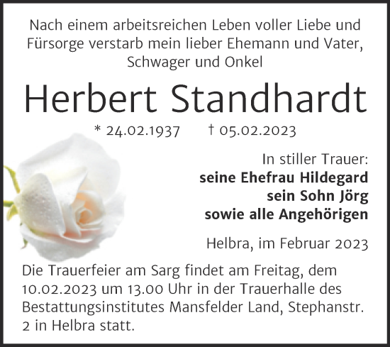 Traueranzeige von Herbert Standhardt von Mitteldeutsche Zeitung Mansfelder Land