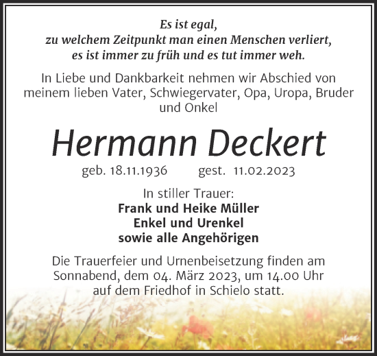 Traueranzeige von Hermann Deckert von Trauerkombi Quedlinburg