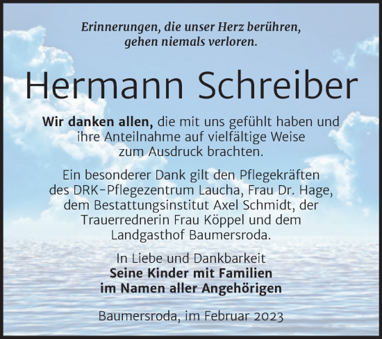 Traueranzeige von Hermann Schreiber von Wochenspiegel Naumburg/Nebra