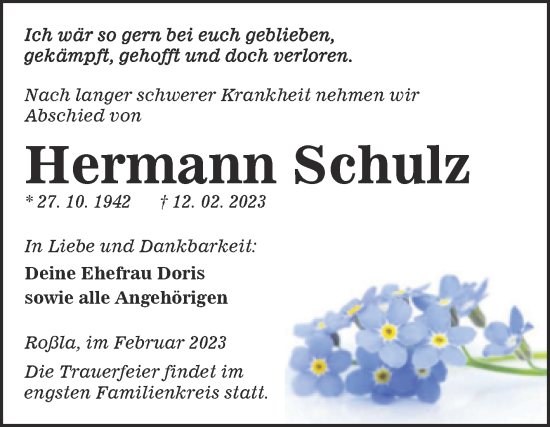 Traueranzeige von Hermann Schulz von Trauerkombi Sangerhausen